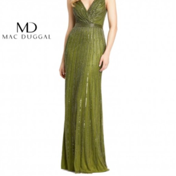 MAC DUGGAL 5219D BEADED V-NECK OLIVE GOWN sz 14 - Picture 8 of 9